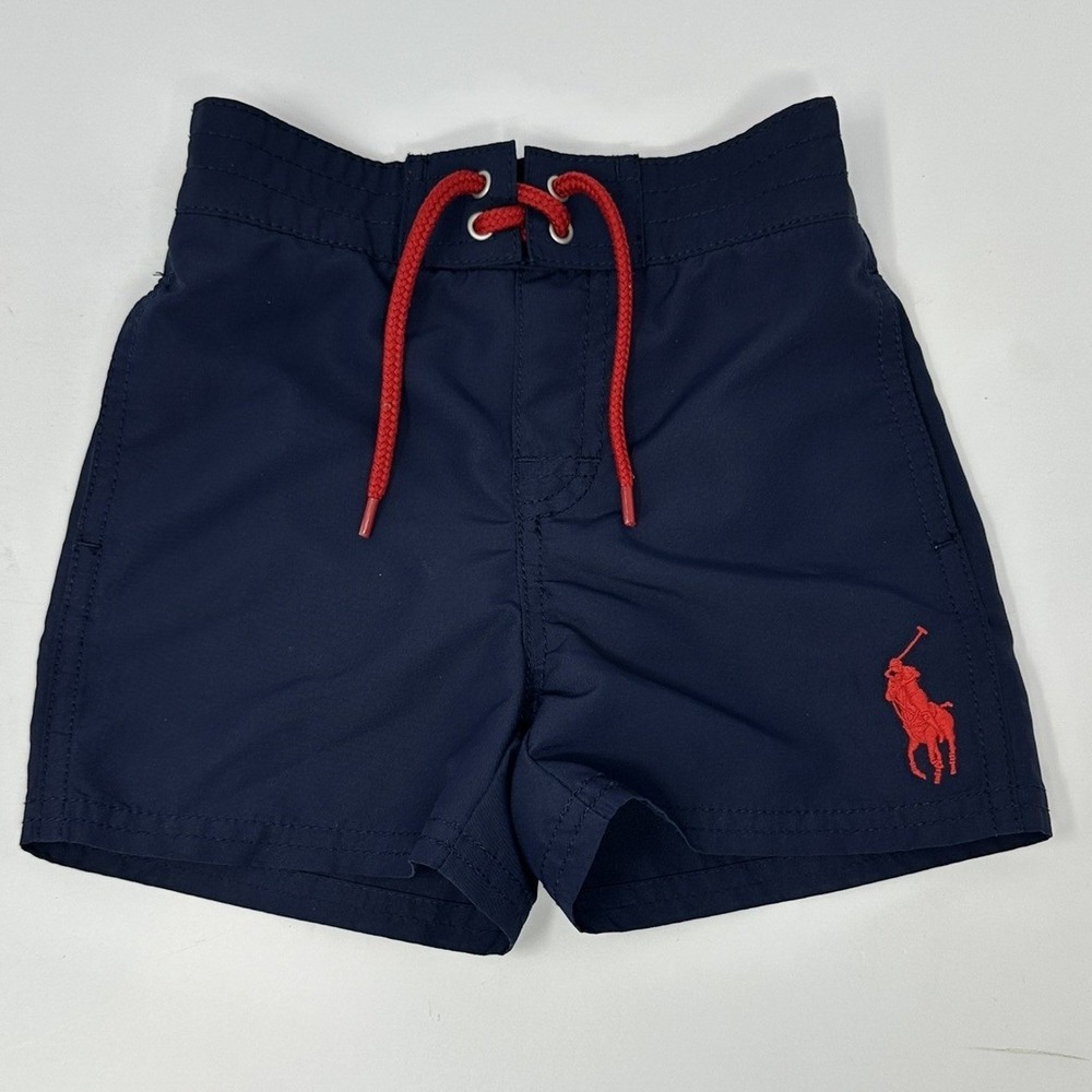 Polo Ralph Lauren 12M Boys Swim Trunks Shorts Navy with Red Logo/Drawstring A1